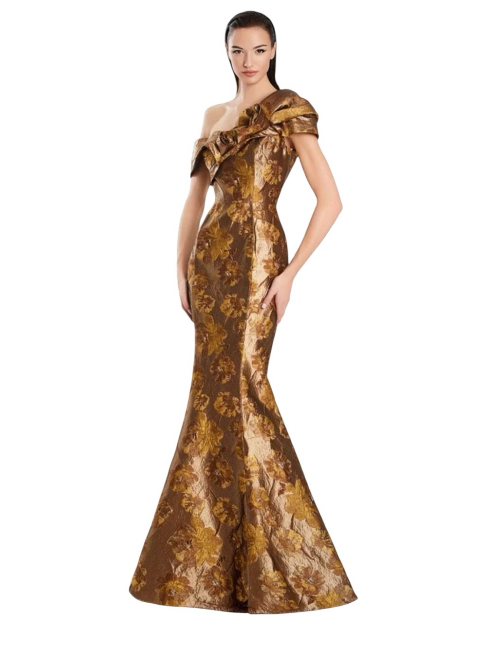 Alexander by Daymor - NWT Asymmetric Floral Mermaid Gown Mocha/Gold Sz 12